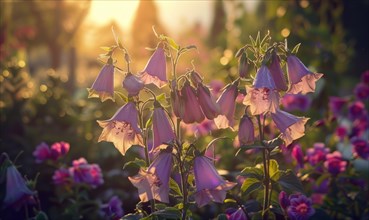 Bellflowers blooming in a cottage garden, closeup view, soft focus AI generated