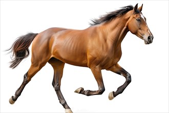 A brown horse captured in mid-gallop, isolated against a white background, AI generated