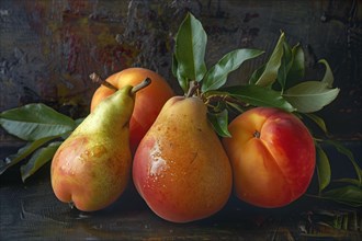 Ripe pears and peaches with green leaves, beautifully arranged on a dark textured surface, AI