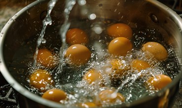Eggs boiling in a pot of water, closeup view AI generated
