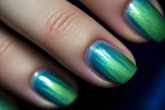 Close up of woman's fingernails with metallic green and blue nail polish. KI generiert, generiert,