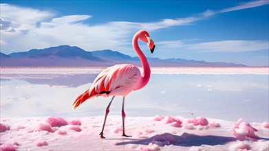 Flamingo portrait against atacama desert salt flats, AI generated
