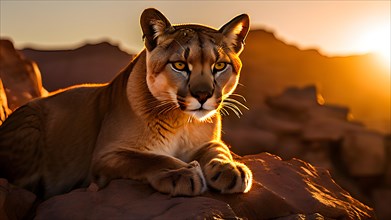 Puma perched atop a rugged rocky outcrop surveilling vast arid expanse of atacama desert, AI