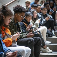 Group of focused teenagers use smartphones on steps in a school, AI generated