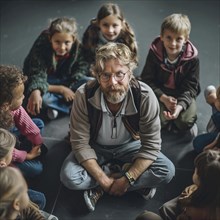Teacher kneels in front of a group of children in a sitting circle in a classroom, AI generated