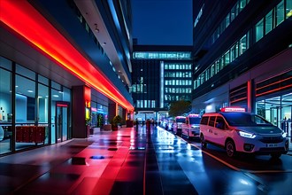 High tech emergency entrance of a modern contemporary hospital bathed in soft led lighting, AI