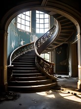 Spiraling staircase nestled within the desolate halls of an abandoned hospital, AI generated,