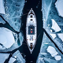 Aerial view of churned ice and open water trailing an icebreaker through pristine icy wilderness,