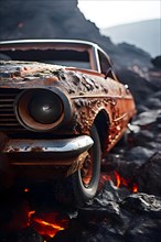 Car that was overtaken by lava now eerily preserved in rocks, AI generated