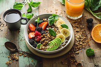 Healthy breakfast bowl with fruits, granola, and yogurt adorned with fresh basil, AI generated