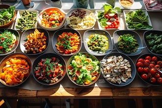 A colorful buffet spread featuring a variety of fresh, healthy salads, AI generated