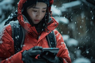 A woman in a red jacket using a smartphone in the falling snow, AI generated