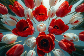 Dramatic angle bursting with red and white tulip blooms, AI generated