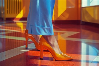 Feet adorned with orange high heels on a patterned floor with warm, soft lighting, AI generated