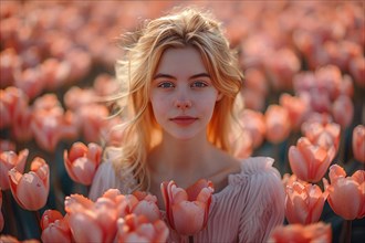 Portrait of a woman surrounded by tulips at sunset, AI generated