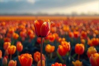 A single orange tulip stands out against a field at sunset, bathed in warm light, AI generated