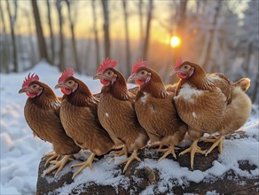 Chickens lined up on a log during a snowy sunrise, AI generiert, AI generated