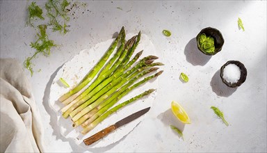 A bright, invigorating image of asparagus on a plate with lemon and cutlery, AI generated, AI