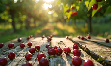 Ripe cherries scattered on a wooden picnic table in the dappled sunlight of a cherry orchard AI