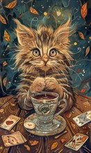 A cat is sitting on a table with a cup of tea and playing cards. The cat appears to be enjoying its