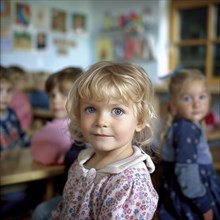Girl with blue eyes looks curiously into the camera in a day care centre, KI generiert, AI