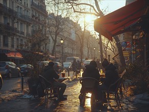 Menschen entspannen sich in einem Cafe im Freien waehrend eines winterlichen Sonnenuntergangs in