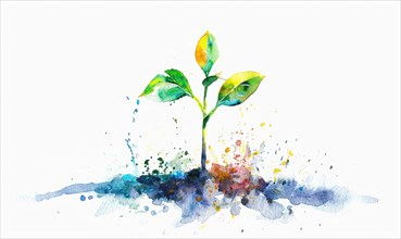 Bright watercolor tree sprout on white background AI generated