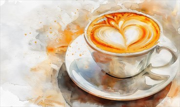 Soft watercolor artwork of a coffee cup and saucer with a heart-shaped latte art, AI generated