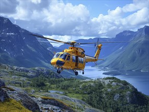 Ein gelber Rettungshubschrauber im Flug vor einer Bergkulisse mit einem See im Hintergrund,