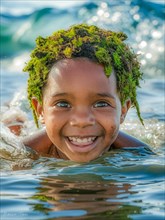 Playful child in water with a natural moss headpiece, lit by sunlight reflections, earth day