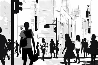 Monochrome silhouette of an urban scene with anonymous pedestrians crossing a busy city street,