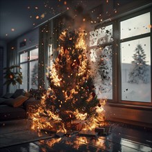 A burning Christmas tree in front of the window with a view of a winter landscape, AI generated