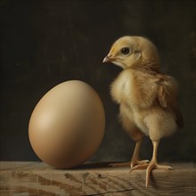 A chick stands next to an egg on a wooden surface under soft light, AI generated
