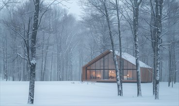 A minimalist modern wooden cabin surrounded by snow-covered trees in the winter forest AI generated