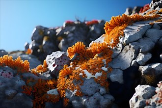 Vibrant lichen textures huggingarctic rocks endurance against extreme cold, AI generated