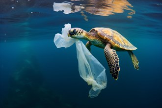 Sea turtle with plastic waste in ocean. KI generiert, generiert, AI generated