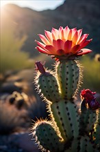 Saguaro cactus with vibrant flower in full bloom in early morning light, AI generated