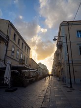 Dramatic clouds over a street, pedestrian zone, Olbia, Sardinia, Italy, Europe