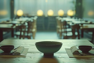 Dimly lit restaurant interior with empty bowls on wooden tables and glowing warm lights, AI