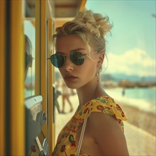 Young woman in summer clothes using a phone box, in the background you can see a beach, AI