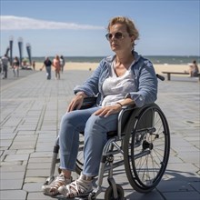 Relaxed middle-aged woman enjoying the sea breeze in a wheelchair, KI generated, AI generated