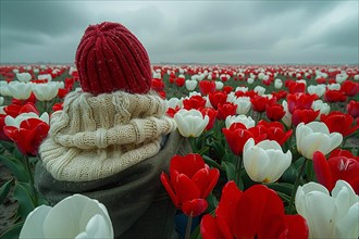 Child in warm clothing sitting amidst a vibrant field of red and white tulips under a cloudy sky,