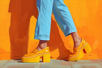 Casual style with blue jeans and yellow platform shoes casting a shadow, AI generated