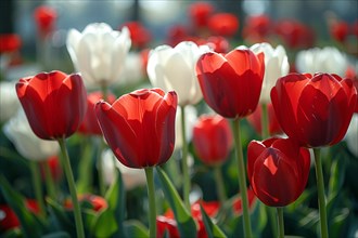 Vibrant red and white tulips blooming under bright sunlight, AI generated