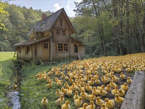 Numerous ducklings in front of a quaint wooden house by a pond amid greenery, AI generiert, AI