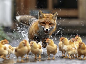 A fox chases chicks on wet ground in rainy conditions, AI generated, AI generated