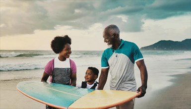 African family engaging in a warm conversation with a surfboard on the beach at sunset with
