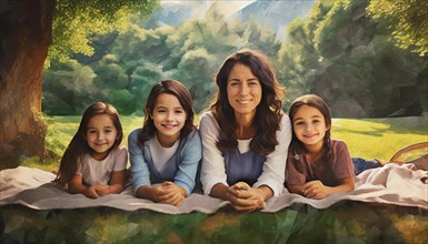 A family portrait with children and a smiling mother in an art style, surrounded by greenery, AI