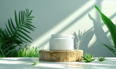A blank jar mockup of aloe vera gel product placed atop a wooden produce podium AI generated