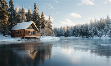 A cozy cabin nestled by the shore of a frozen lake AI generated